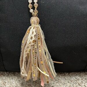 Beautiful long beaded tassel necklace, neutrals and light pink